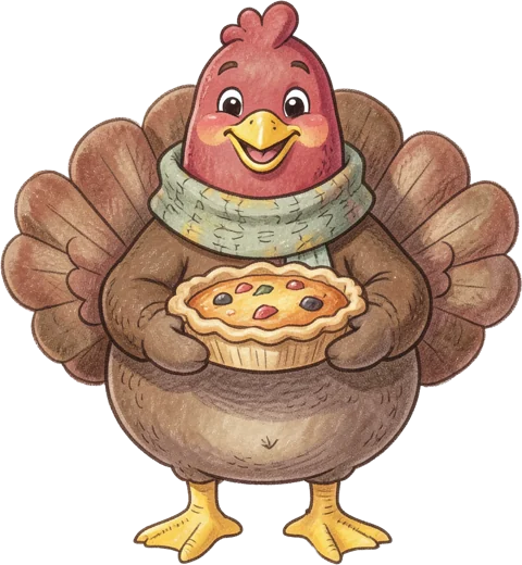 A cartoon turkey in a scarf holding a pie
